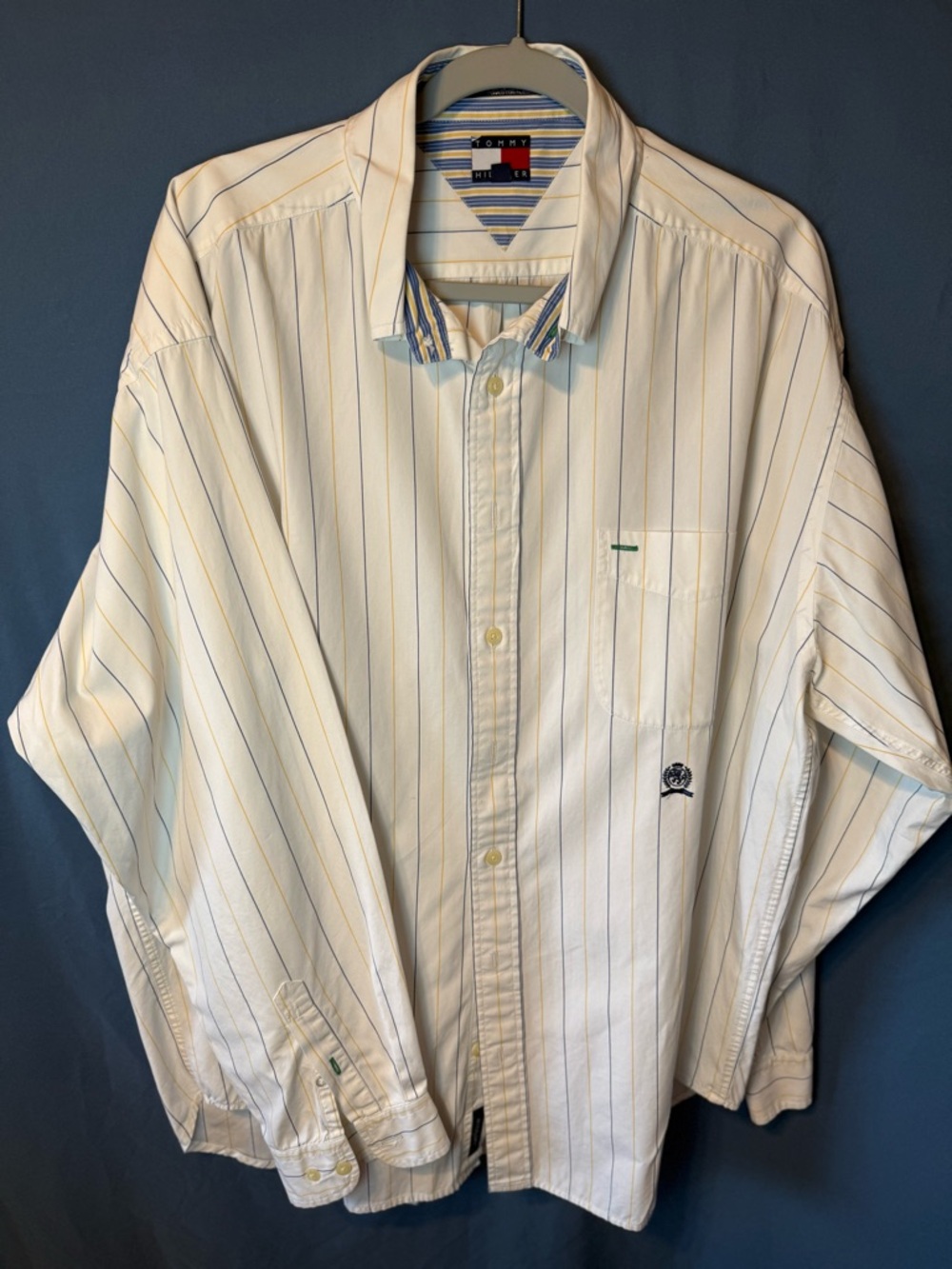 Tommy Hilfiger White Button-Down Shirt with Blue & Yellow Pinstripes